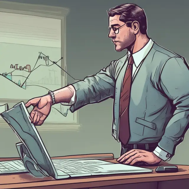 Trader working at a table with a CFD contract in hand, holding a dual-headed arrow representing both opening and closing positions