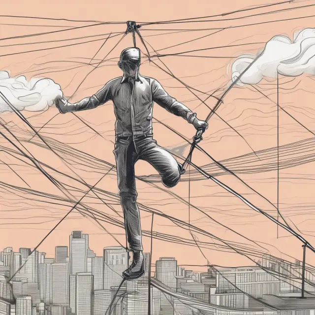 A tightrope walker balancing on a wire above fluctuating CFD market graphs