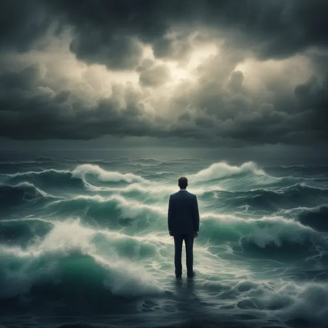An image of a contrarian investor braving the stormy seas amidst a crowd of value investors, symbolizing their differing investment philosophies