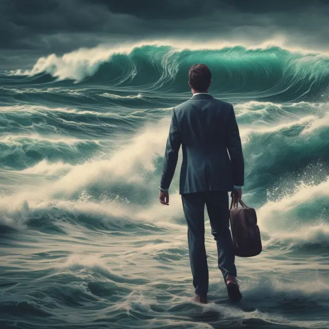 An image of a contrarian investor bravely facing a tidal wave of market sentiment, with undervalued stocks or assets visible in the background.