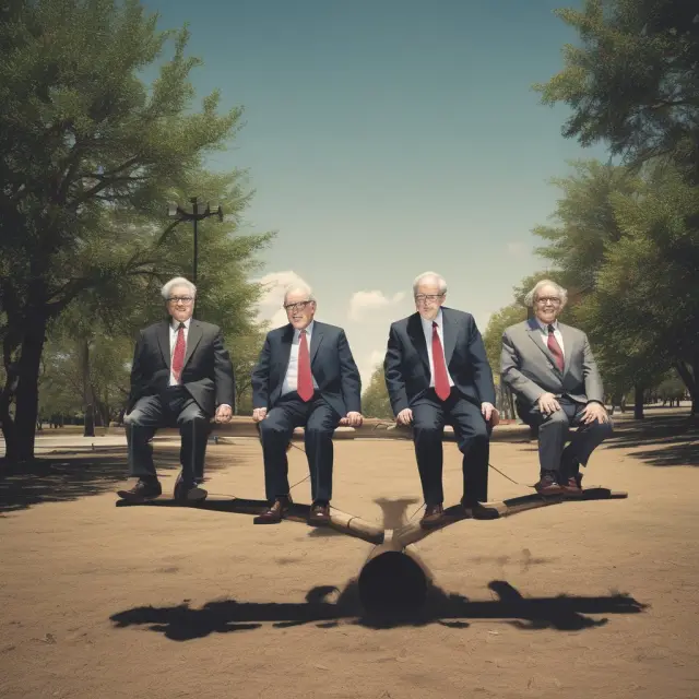 Warren Buffett, David Dreman, and Michael Burry on a seesaw. Buffett, Dreman, and Burry represent contrarian investors balancing their portfolios against market sentiment.