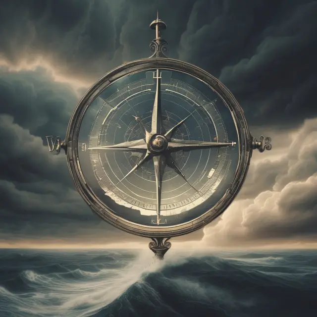 A compass with a divergent needle navigates through stormy seas, representing contrarian investors seeking opportunities amidst market volatility