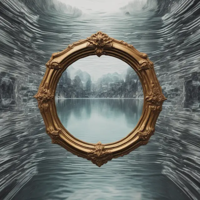 Mirror reflecting market sentiment with undervalued stocks as hidden treasures in turbulent waters