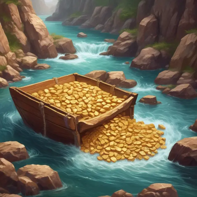 Golden nugget symbolizing contribution margin amidst flowing rivers representing sales revenue, variable costs, and fixed costs.