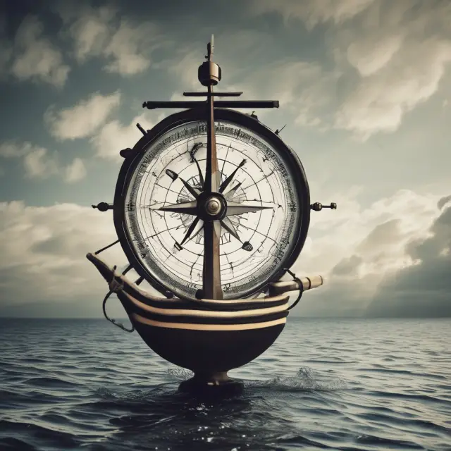 Financial controller holding a compass amidst a stormy sea of graphs and charts, guiding a ship towards growth