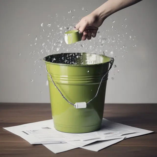 A person collecting and organizing paperwork like raindrops in a bucket, signifying the meticulous preparation for a conventional mortgage application.