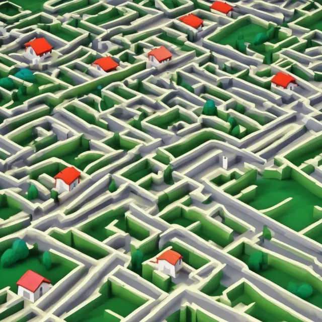 A labyrinth filled with conventional mortgage loans symbolizing different mortgage types and questions leading to answers