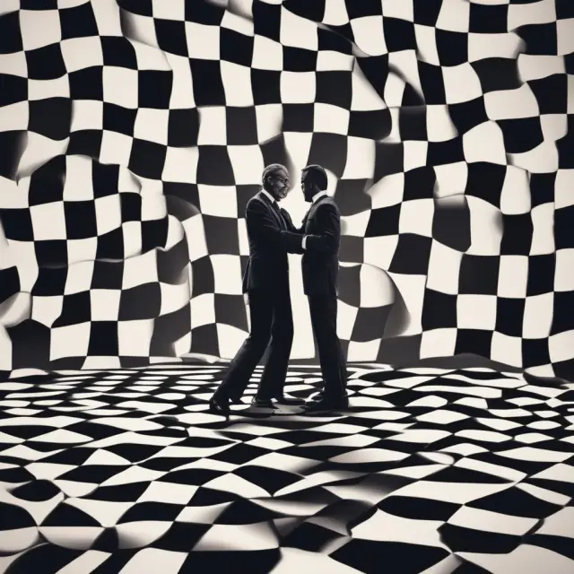 Two figures, one dressed as a CEO, the other as a COO, dance harmoniously on a checkered board, representing their distinct yet complementary roles and collaboration in driving business growth