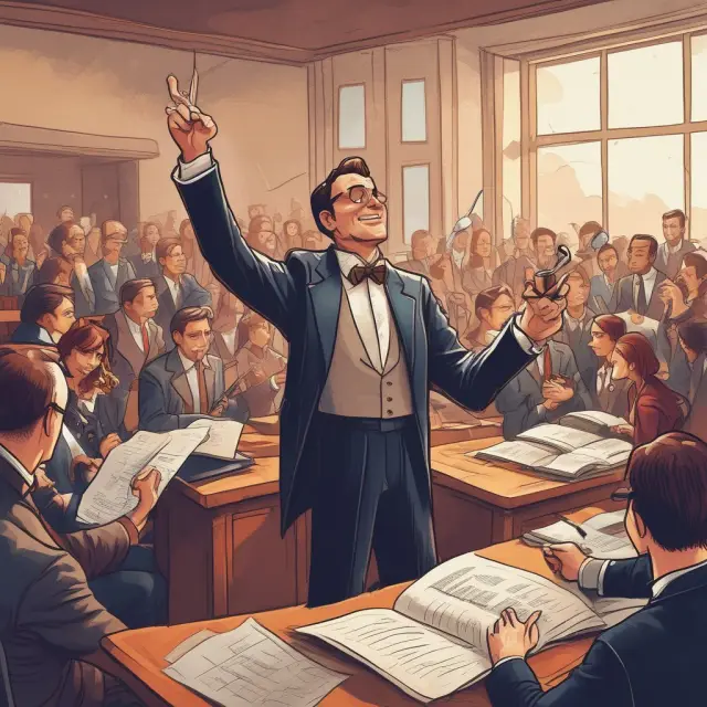 A COO, symbolized by a conductor, masterfully leading an orchestra of various business skills (analytical, managerial, leadership, communication, problem-solving) to ensure operational excellence