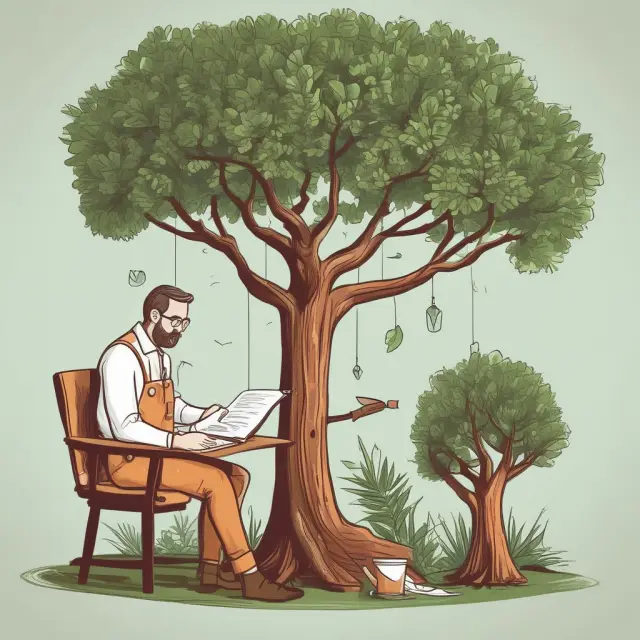 A COO gardening a tree representing a company, nurturing its growth with strategic decisions and operational improvements