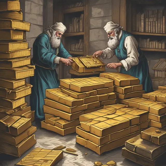 Golden alchemist manipulating gold bars, representing dishonest accounting practices in business.
