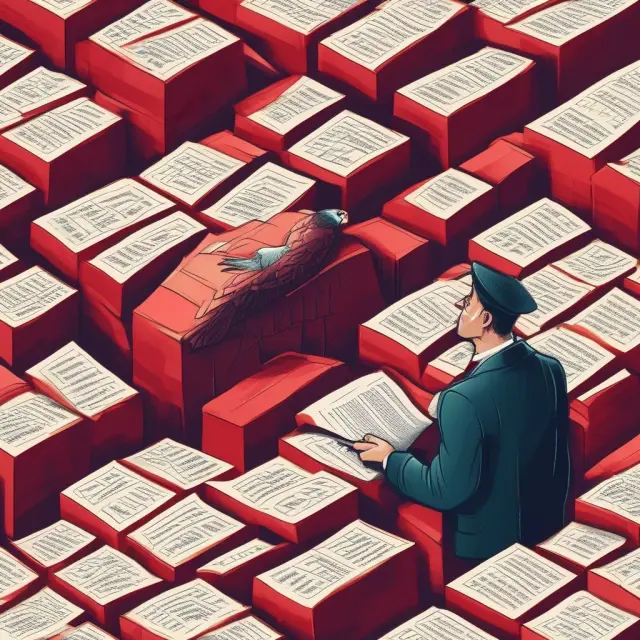 An eagle-eyed investor examining financial statements, revealing red flags and ensuring due diligence