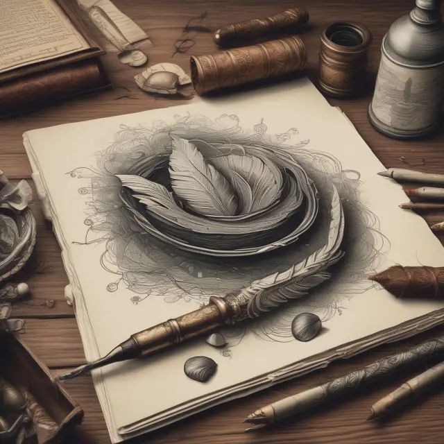 Quill pen dips in inkwell amidst books, paintings, music notes, and artworks, representing copyrighted creations