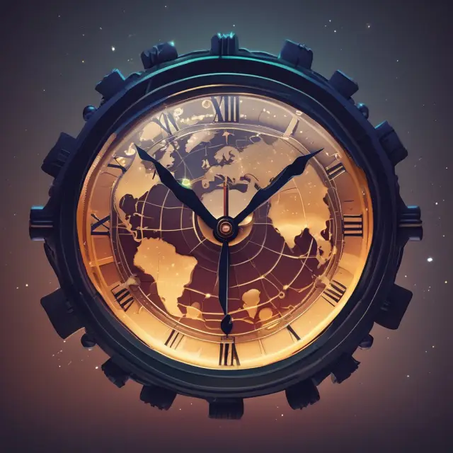An ornate clock strikes midnight above a rotating globe as copyright symbols cascade down, symbolizing diverse copyright protection periods globally