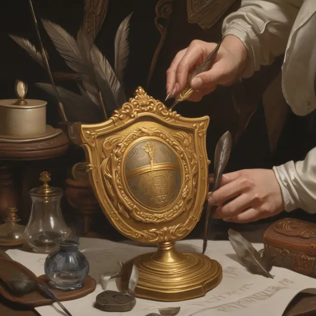 A gold-painted shield bearing an hourglass and quill illustrates the copyright registration process