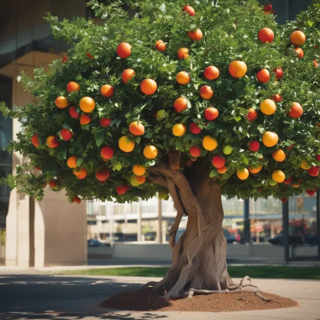 A tree laden with fruit representing charitable donations, ethical business practices, employee volunteering, and community sponsorships