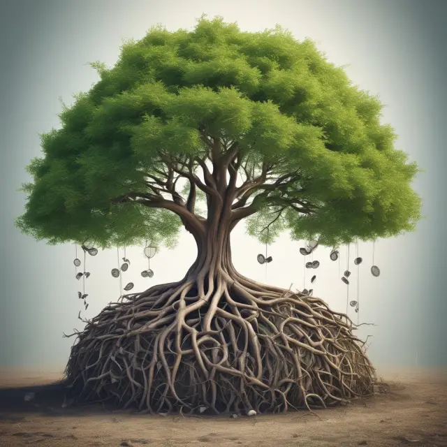 A sturdy tree with deep roots symbolizing financial responsibility, representing companies investing ethically in CSR initiatives and maintaining transparency