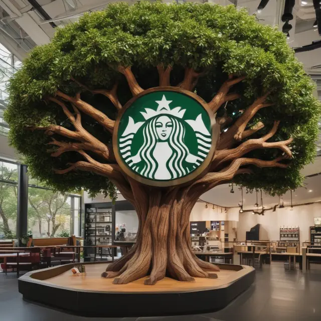 Starbucks depicted as an eco-friendly tree, symbolizing their commitment to ethics, sustainability, and social responsibility.