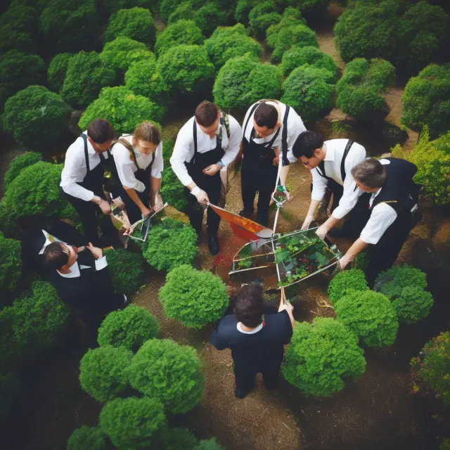 A lush garden with vibrant, growing corporate culture flowers surrounded by nurturing sun and water. A gardener tends to positive elements while pulling weeds symbolizing negative influences.