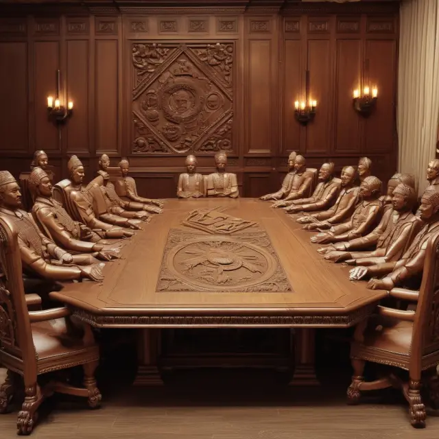 Wooden boardroom table featuring a wise chairman guiding directors and a CEO in the corporate hierarchy
