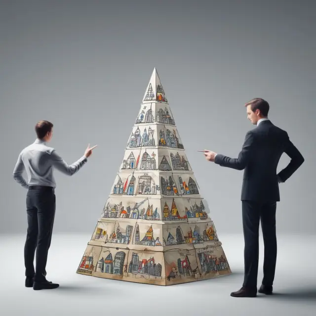 Three pillars representing the roles of CFO, COO, and CIO in a corporate hierarchy, forming a balanced triangle