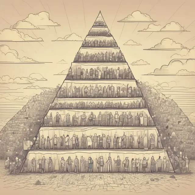 Pyramid of people representing corporate hierarchy, with ideas flowing between levels