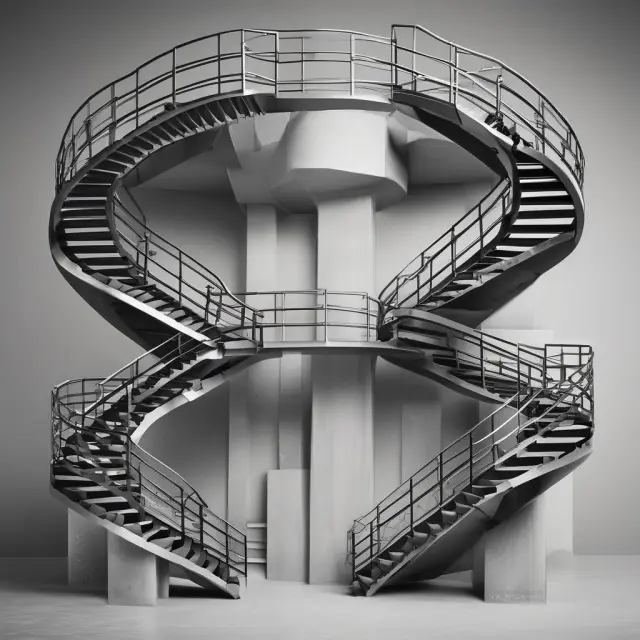 An image of a winding staircase with ladders and bridges symbolizing the different opportunities for career advancement within various roles and levels in a corporate hierarchy