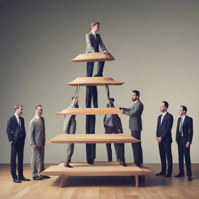 A board of directors constructing a pyramid representing the hierarchical structure of a corporation, symbolizing their role in defining its power dynamics