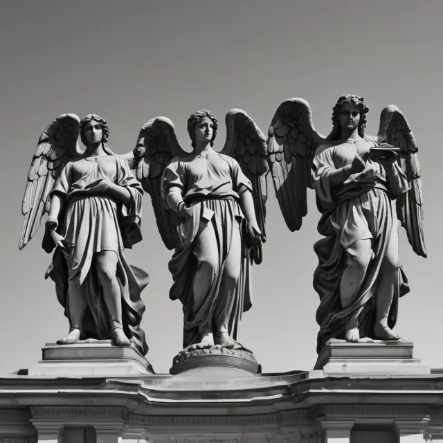 Three angelic figures assessing bond offerings, symbolizing Standard & Poor