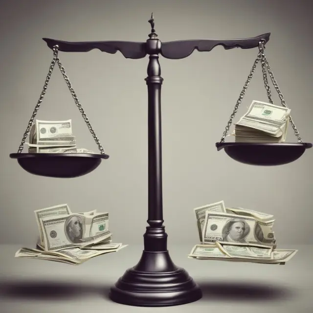 A corporation shown as a strong figure holding a scale with bonds (debt) and stocks (equity) on either side, symbolizing the choice between debt financing and equity financing