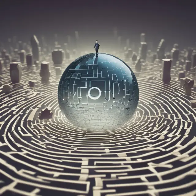 An investor examining a maze of corporate bond options while consulting a crystal ball displaying credit ratings and a clock indicating duration management