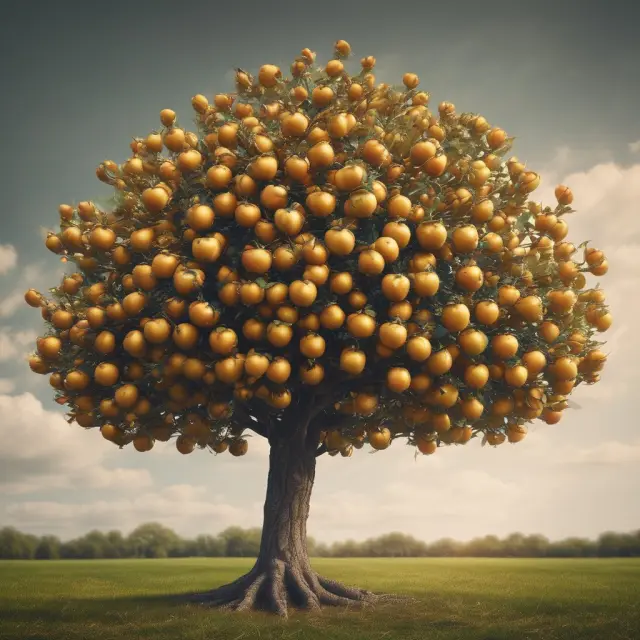 Golden apple tree symbolizing corporate bonds with investors plucking ripe fruits (apples) as issuers seek capital