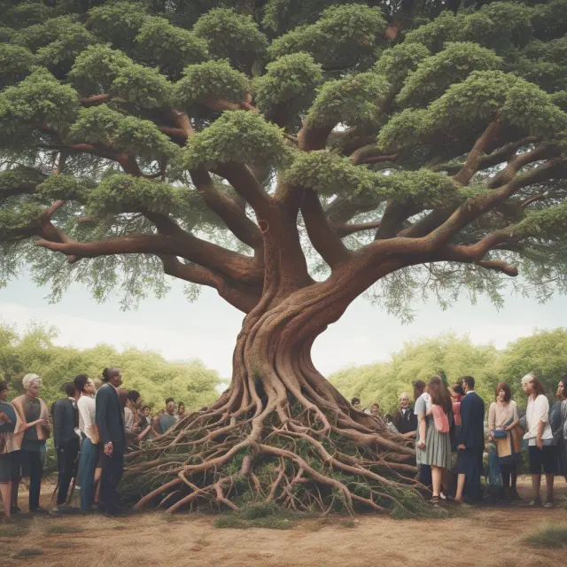 An image of a large tree with interconnected people on its branches, representing socially responsible corporations and their role in fostering communities.