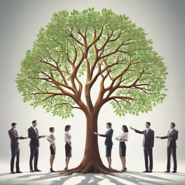 A tree symbolizing a growing company, with employees as branches, engaged in various community initiatives