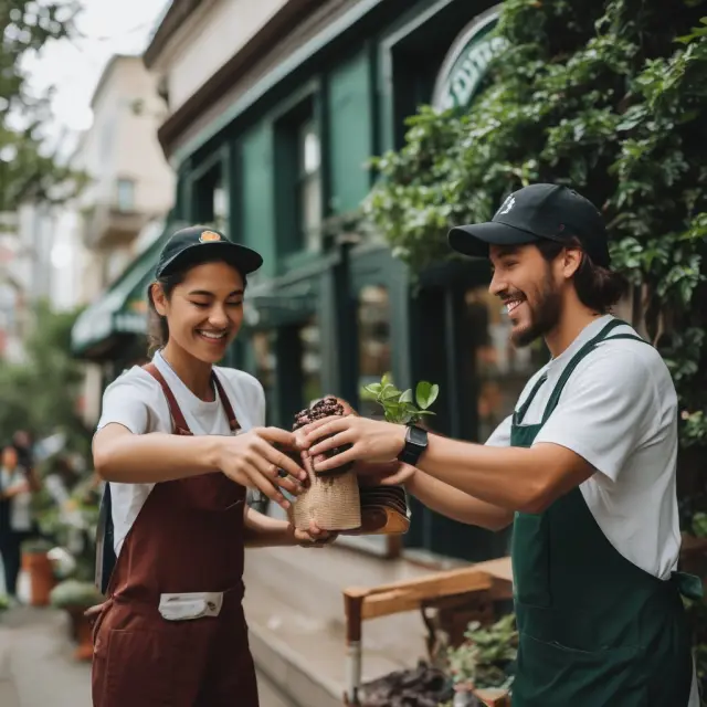 Starbucks barista delivering ethically sourced coffee amidst eco-friendly buildings and flourishing communities