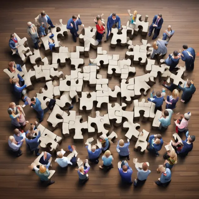A vivid jigsaw puzzle depicting various financial team members, representing their roles in a successful corporate finance department