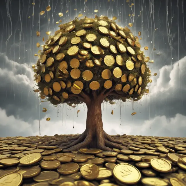 A tree with golden coins in its branches representing corporate finance, standing amidst rain symbolizing personal finance and a stormy backdrop illustrating public finance