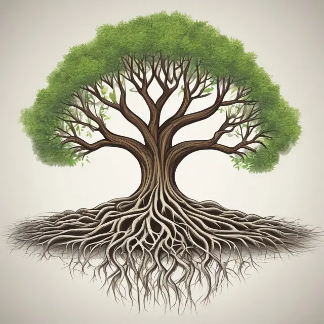 A corporate tree illustrates governance as its intricately entwined roots and management as the nourishing branches fostering growth