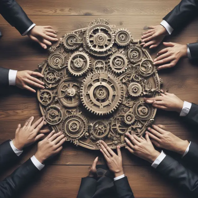 An independent director delicately manipulates an intricate network of interconnected corporate gears, illustrating their role in ensuring effective and ethical management across various industries.