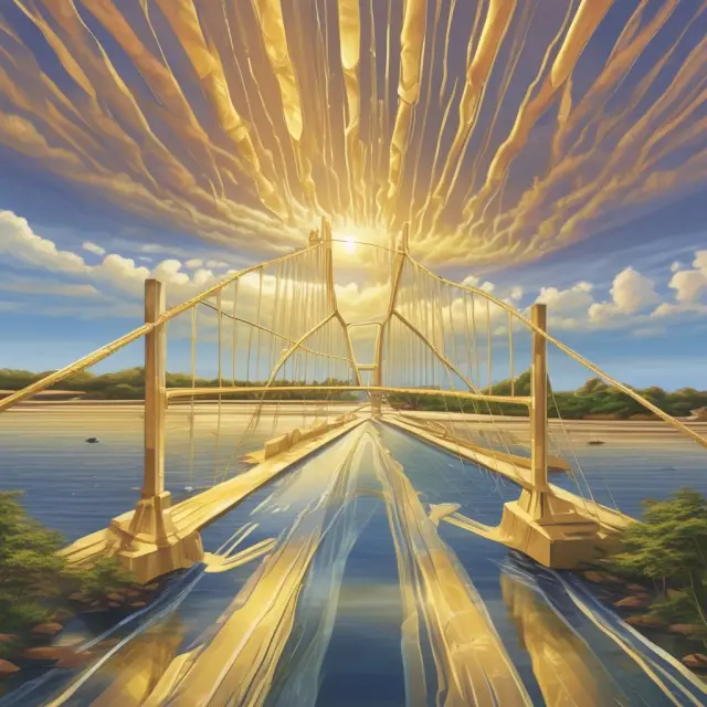 A golden bridge symbolizing corporate governance connects various ESG islands, representing companies and their commitment to environmental, social, and governance factors.