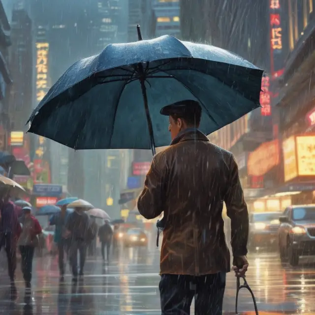 Market correction depicted as rain showers among turbulent stock prices, illustrating calming effects