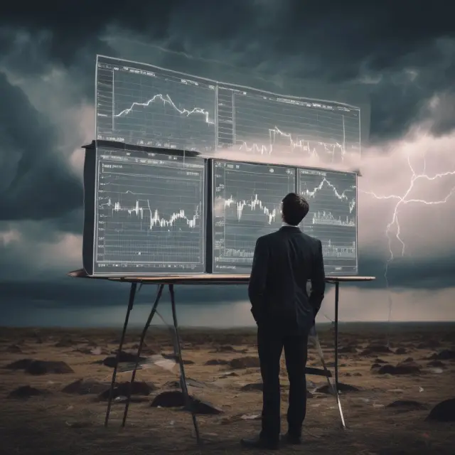 An analyst examines stock charts while referencing economic indicators to predict potential market corrections as a stormy sky symbolizes market instability
