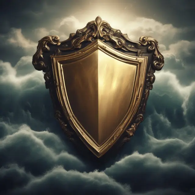 A golden shield protecting a portfolio of various assets during a storm, representing risk management strategies.