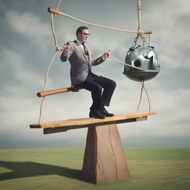 An investor balancing risks and opportunities during a market correction on a seesaw
