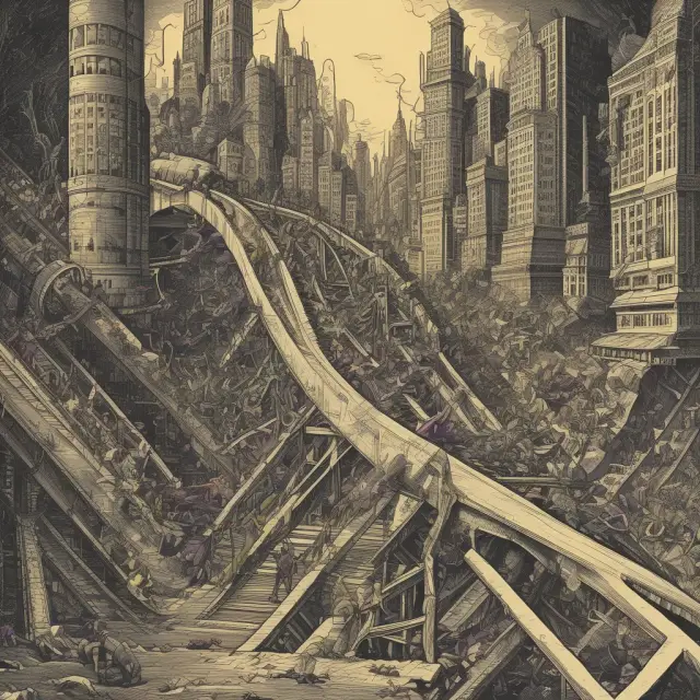 A winding stock market rollercoaster with notable crashes (1929, 1987, 2008), corrections, and rebirths.