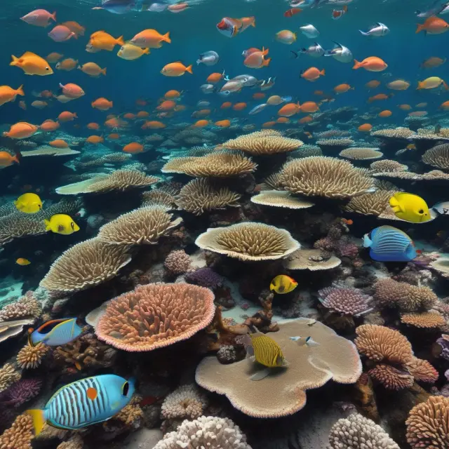 A vibrant coral reef teeming with various low-correlated marine life, representing a well-diversified investment portfolio reducing risk