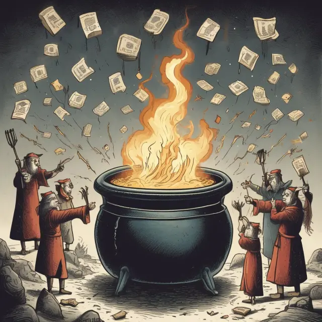 A scene of various financial wands, each labeled with correlation coefficients, swirling around a bubbling cauldron symbolizing diversification
