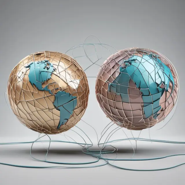 Interconnected globes illustrating nostro and vostro accounts in correspondent banking, with fluid currencies symbolizing efficient cross-border transactions