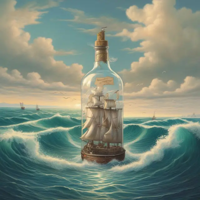 A SWIFT message inside a glass bottle, carried by waves to represent secure communication between banks across borders