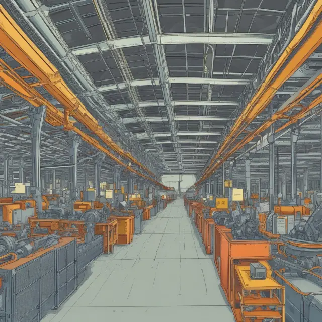 Image showing a well-oiled manufacturing line with accountants generating reports at the end, symbolizing lean accounting and value streams